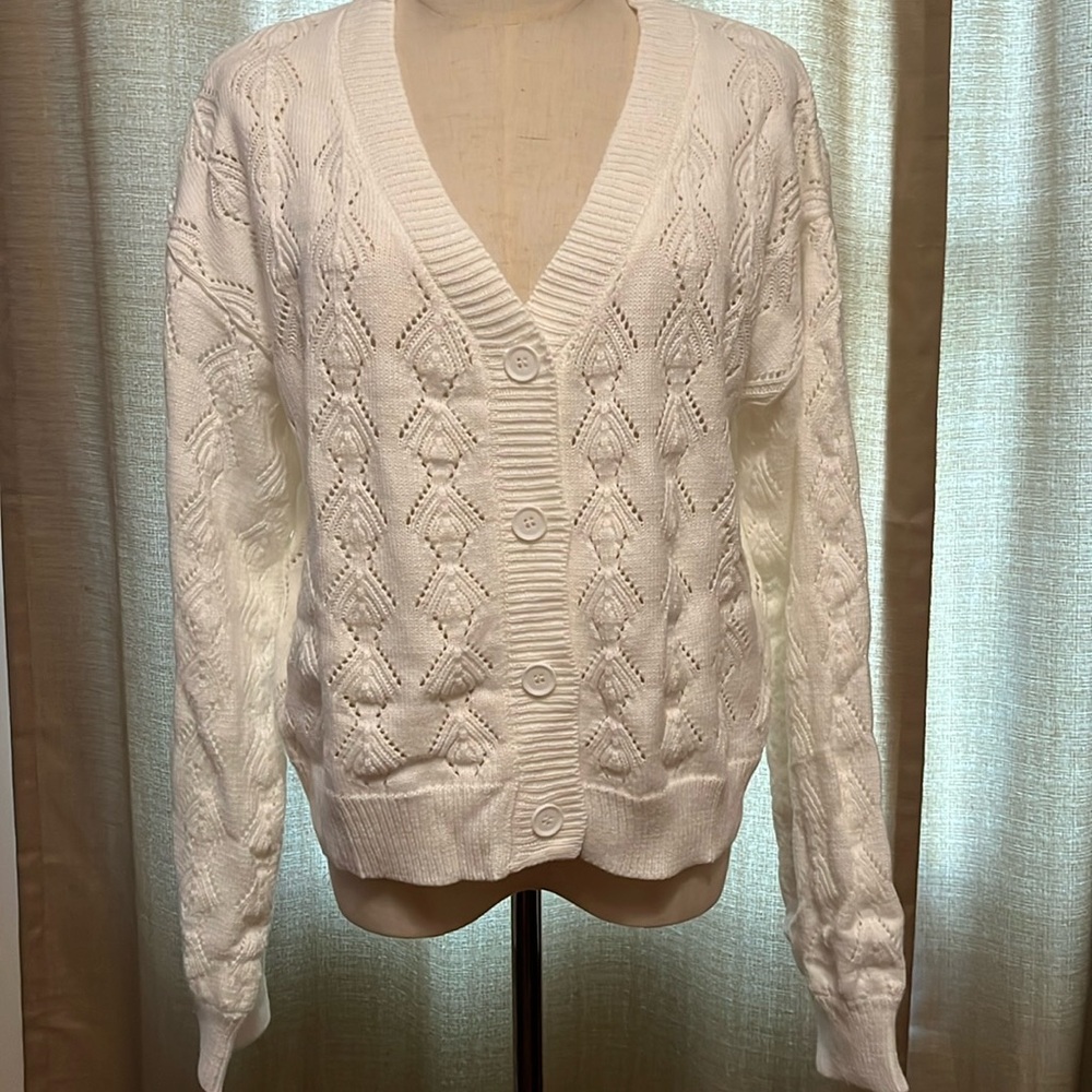 White Cable Knit Cardigan Sweater Womens XL NWOT